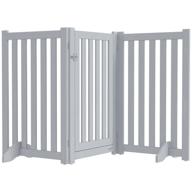 PawHut Dog Gate 3-Panel Foldable with Feet for Medium Dogs and Below, Grey. A versatile pet gate with three hinged panels for flexible arrangement, a pass-through door for easy access, and sturdy MDF construction. Ideal as a dog barrier for entrances, stairs, or rooms. Includes support feet for stability and folds for compact storage.