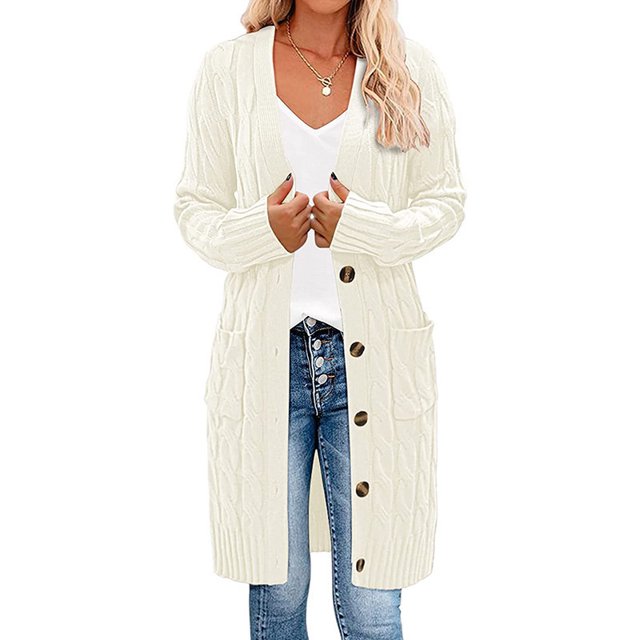 Womens Long Sleeve Cable Knit Long Cardigan Open Front Button Sweater Outerwear