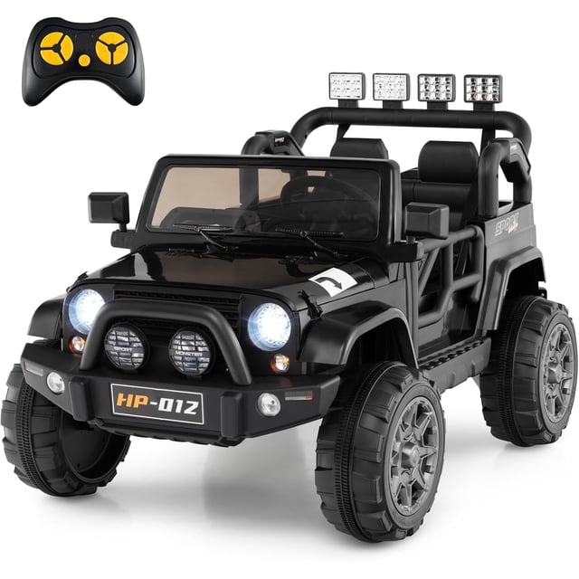 OLAKIDS 2 Seater Ride on Truck, a 12V battery-powered electric vehicle for kids, shown in black with rugged design and LED headlights. Features include a remote control, power display, MP3, USB port, and a spacious two-seater design. The truck has wear-resistant wheels, rear suspension springs, and a seat belt for safety. Suitable for children aged 3 and above, it offers a realistic driving experience with manual and parental control options.