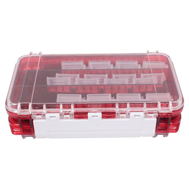 Baohd Boîte de Pêche Rangement Étui à Appâts Leurre Double Face Compartiments Imperméables Hameçon Équipement Fournitures Grilles Capacité Portable Rouge Translucide