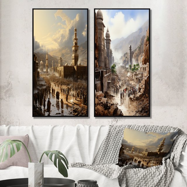 Designart "Hajj Pilgrimage Islam wall decor V" Islam Framed Wall Art Set Of 2 - Yellow Spiritual Frame Gallery Set For Office Decor