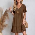 thumbnail image 4 of LOVZFMLL Robes d'Été pour Femmes Décontractées à Manches Courtes Col en V Robe de Plage Fluide à Volants Longueur Genou Marron 3TG, 4 of 9
