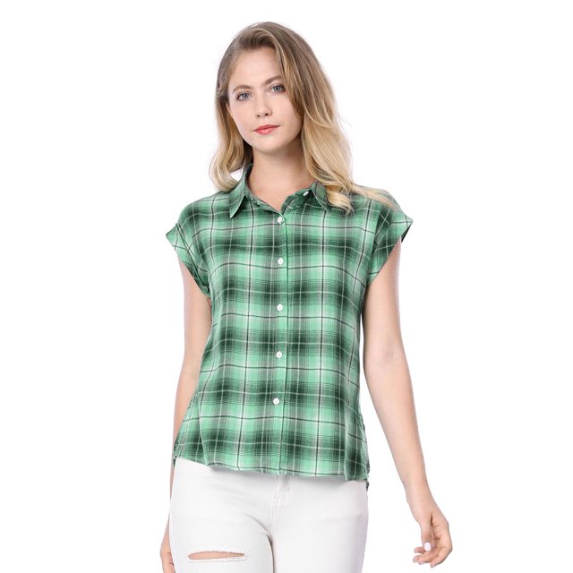 INSPIRE CHIC Chemise à Carreaux pour Femme à Col Pointu, Manches Courtes à Revers, Boutonnée, Verte, m