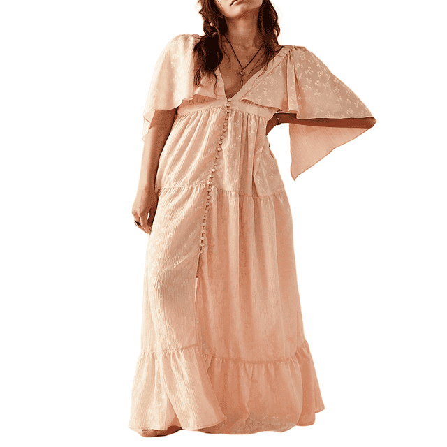 Robe de Grossesse en Jacquard à Col en V et Manches Cape pour Futures Mamans