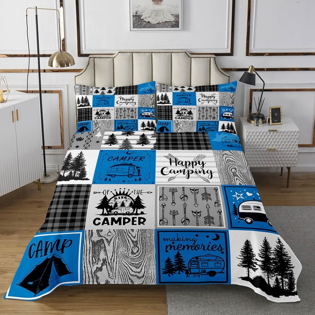 YST Blue Rv Quilt Set Twin Rustic Camper Decor Bedspread Set Camping Bunk Accessories For Camper Car,Rv Coverlet Set For Travel Trailers Country Buffalo Plaid Pine Tree Arrow Bed Set