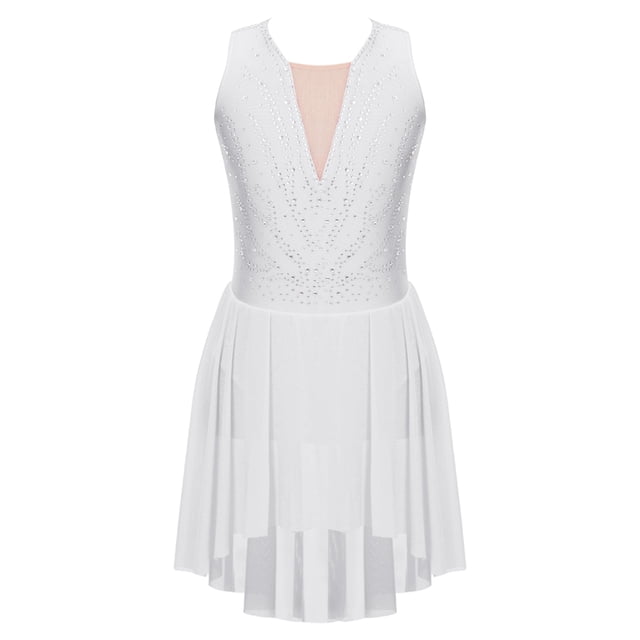 RUNQHUI Girls' Rhinestones Ice Figure Skating Dress Sleeveless Gymnastics Asymmetrical Competition Dancewear White 14