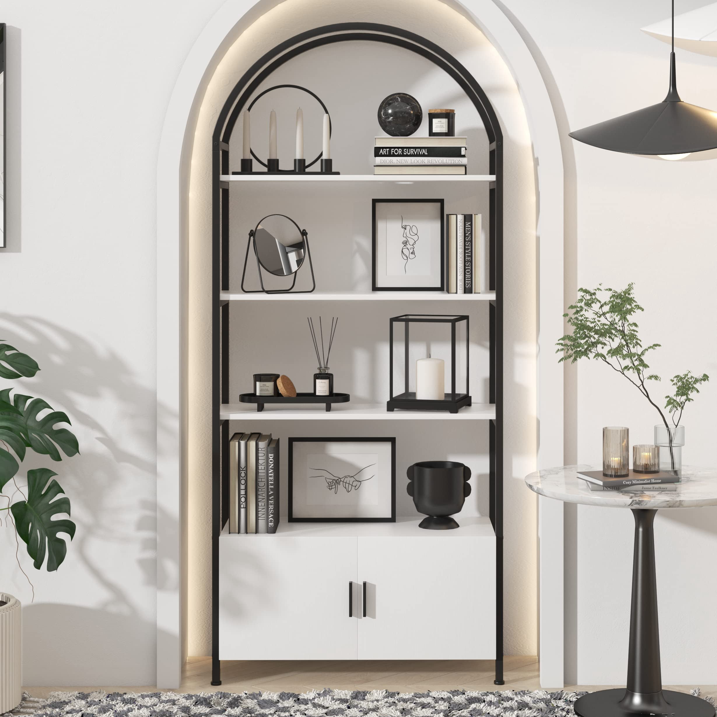 Jehiatek Arched Bookshelf, Bookcase with Doors Storage, 71 Inches Tall Industrial Book Shelf with Sturdy Metal Frame, E1 Quality Boards, Freestanding Display Shelving Unit, Black and White