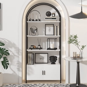 Jehiatek Arched Bibliothèque avec rangement de portes, 71 Plateau de livre industriel en inches Tall avec cadre métallique robuste, E1 Conseils de qualité, Unité de rayonnage d'affichage autonome, noir et blanc