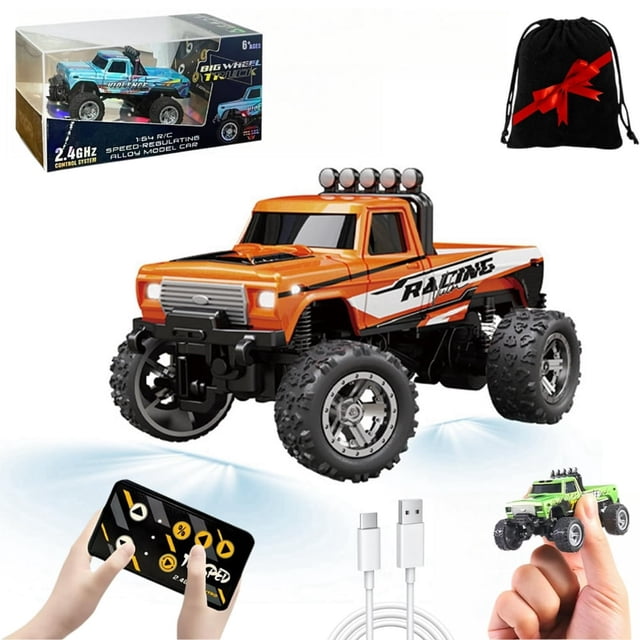 Mini Rc Monster Truck 1/64 Scale Monster Truck with Lights 2.4Ghz Remote Control Car Rechargeable Mini Monster Truck Rc Alloy Rc Semi Truck for Kids Gifts Speed Adjustable
