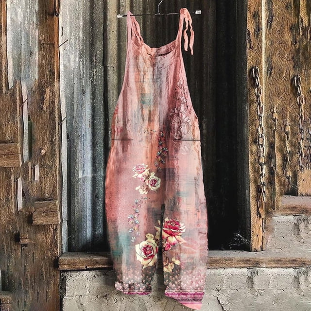 LOVZFMLL Women's Jumpsuit, Printed Summer Sleeveless Backless Loose Long Romper Pink, 2XL