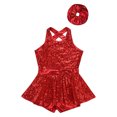thumbnail image 3 of Riismen Robe Justaucorps Sans Manches à Paillettes Brillantes pour Filles Enfants Costume de Danse Latin Jazz Salsa Samba Rumba Rouge 16, 3 of 5