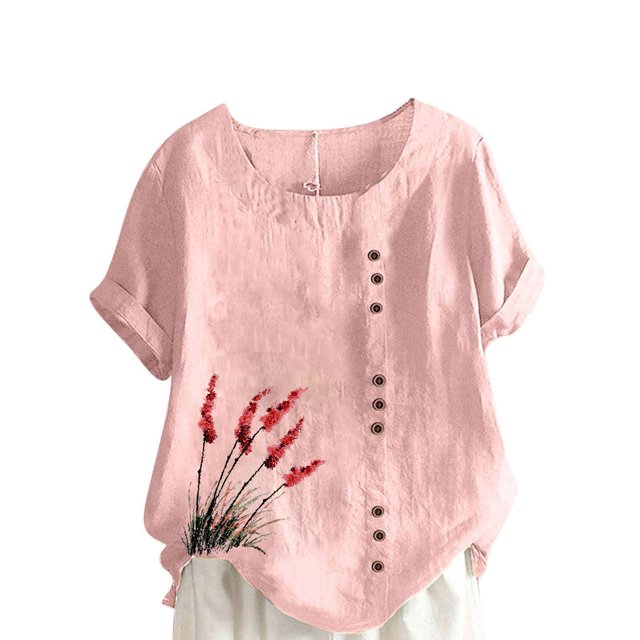 Pisexur Hauts pour Femmes Décontractés en Lin Col Rond Grande Taille Imprimé Manches Courtes T-shirt Blouse, Hauts d'Été pour Femmes Rose,P