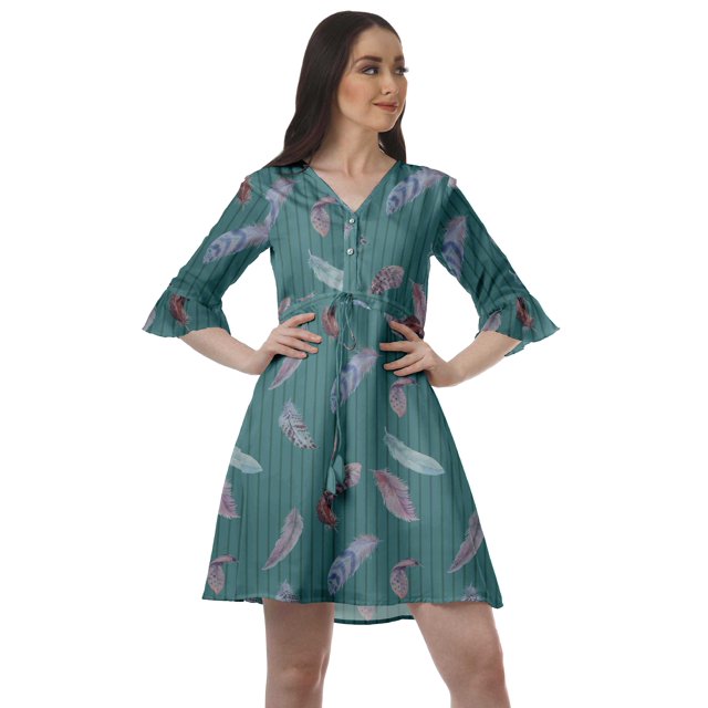 Moomaya Robe Courte à Cordon Imprimée pour Femmes, Col en V, Manches à Volants, Robe d'Été