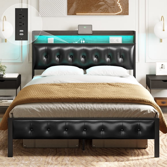GUNAITO Cadre de Lit Très Grand avec Tête de Lit de Rangement Lit Plateforme Rembourré avec Lumières LED Ports USB et Prises Noir