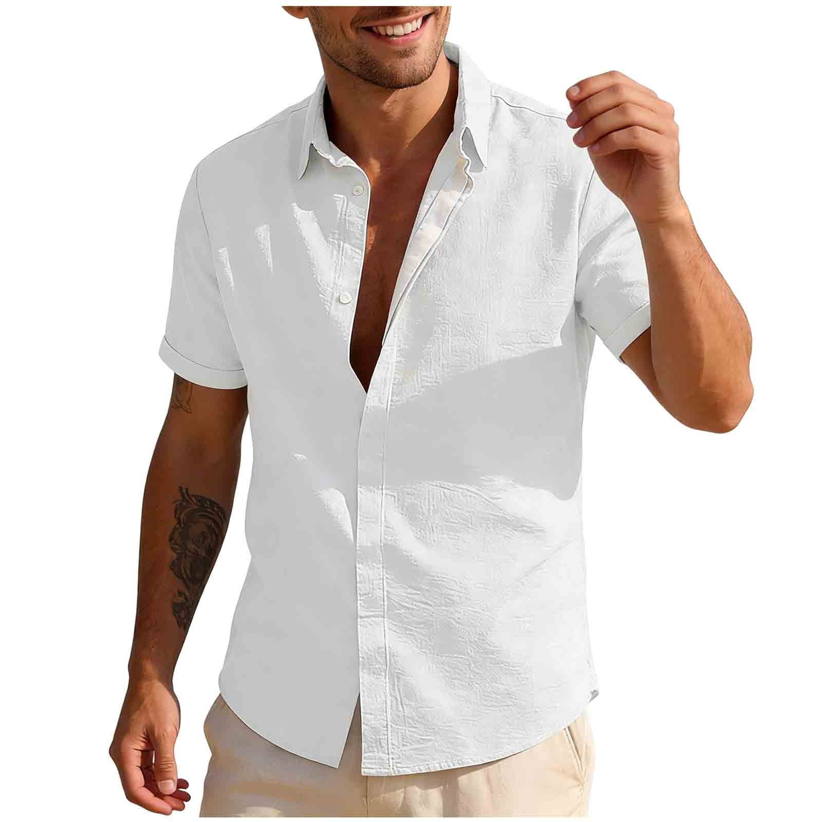 zfhfof Men's Linen Shirts Rolled Short Sleeve Casual Collared
