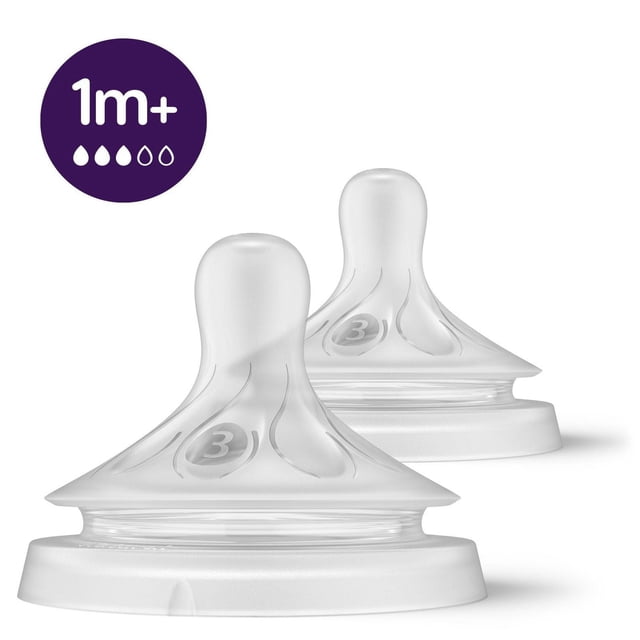 Philips Avent Tétine à Débit Naturel 3, 1 M+, Lot de 2 avec Deux Tétines en silicone Transparent avec Larges bases en Forme de Sein et Débit 3 Marques, Conçu pour les Bébés de 1 Mois et Plus pour Contrôler Naturellement le Flux de Lait et Réduire les Coliques.