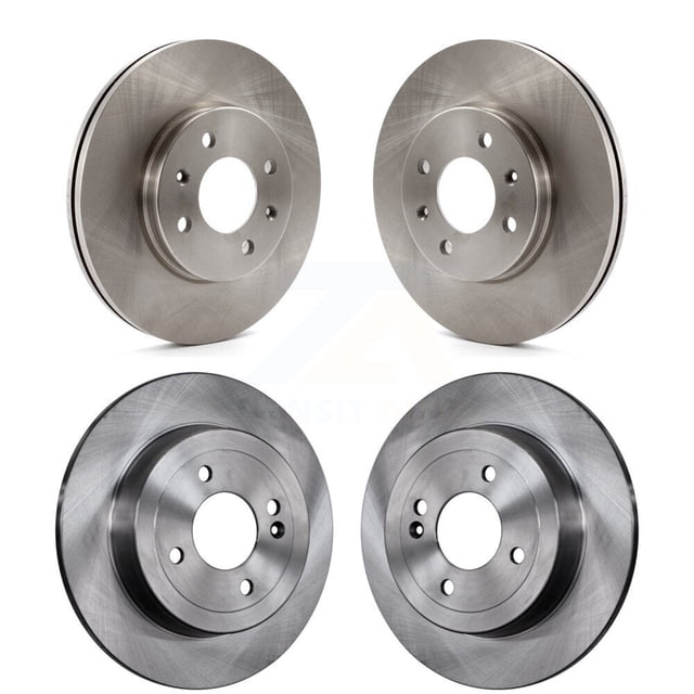 CMX Front Rear Disc Brake Rotors Kit for Car Hyundai Accent Kia Rio K8-101602. The image displays a set of four disc brake rotors, including two front and two rear rotors, compatible with specific Kia Rio and Hyundai Accent models. These rotors are engineered with carbon-enhanced XCast™ (G3000) iron castings for superior wear resistance and braking performance. They feature a cross-hatched smooth surface for enhanced pad grip and are precision spin and mill-balanced for smoother stopping and zero vibration. Compatible with vehicles like the 2012-2017 Hyundai Accent and select Kia Rio models.