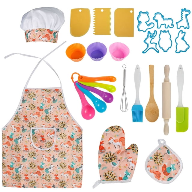 26Pcs Kids Cooking and Baking Set Chef Role Play Costume Set with Apron Chef Hat Cooking Baking Tools