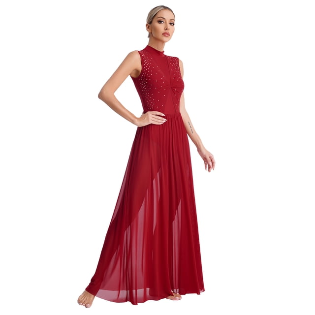 RUNQHUI Robe de Danse Lyrique Longue pour Femmes, Superposition Torsadée, Danse Moderne Contemporaine, Bourgogne G