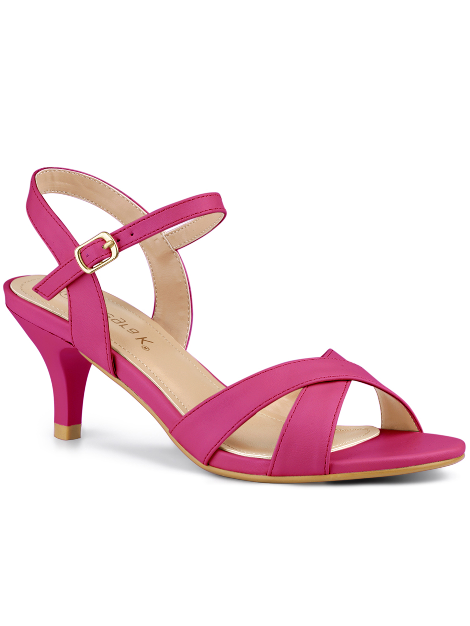 BLISSFUL STEP Sandales pour Femmes à Petit Talon, Bout Ouvert, Brides Croisées, Bride de Cheville Ajustable, Rose Vif, 7
