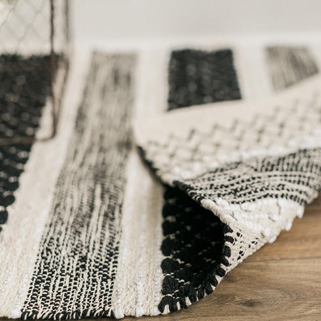 Set of 2 Woven Black, Beige And White Striped Cotton Rug