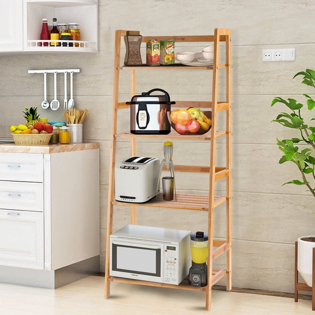 Costway Étagère Échelle Multifonctionnelle à 4 Tablettes en Bambou pour Plantes et Fleurs. Étagère Échelle en Bambou à 4 Niveaux avec surfaces Lisses et Barres à Espacement Uniforme pour la Stabilité. Présentée dans une Cuisine, Elle Tient des Articles comme un Micro-Ondes, un Mélangeur, un Grille-Pain et un Panier à Fruits. le Matériau en Bambou Naturel Complète Divers Espaces, Y Compris les Salons, les Salles de Bain et les Cuisines. Dimensions : 19 Pouces de Large, 12,5 Pouces de Profondeur et 47,5 Pouces de Hauteur.