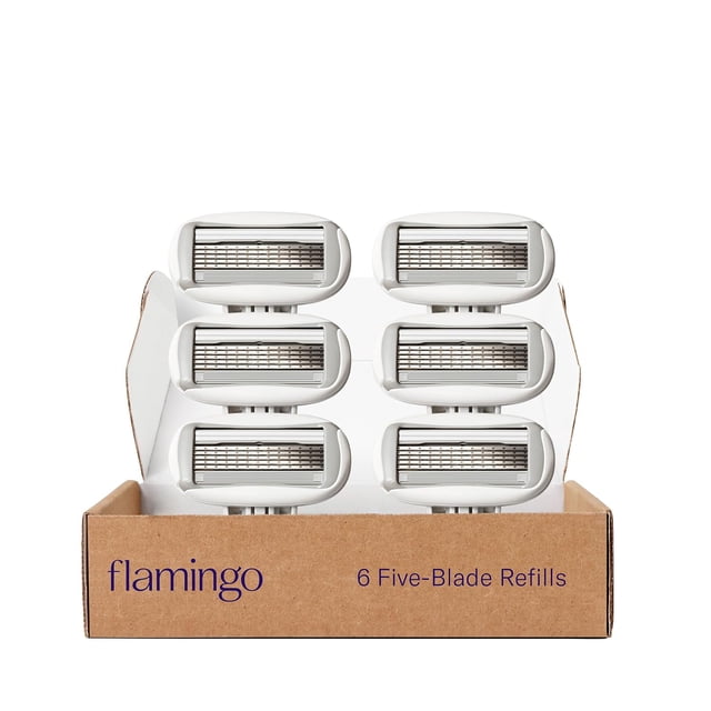 Flamingo Original Blades - Women's Razor Refill Pack with six razor head replacements, each featuring five sharp steel blades for a smooth and close shave. The white cartridges are displayed in an open cardboard box labeled '6 Five-Blade Refills.' Infused with aloe vera and shea butter, these refills provide hydration and are ideal for sensitive skin. Perfect for women's blade refills and close shave razor cartridges.