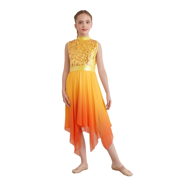 CHICTRY Filles Enfants Corsage à Paillettes Robe de Danse Liturgique de Louange Sans Manches Tunique de Culte Irrégulière Tenue de Danse d'Église Or 6