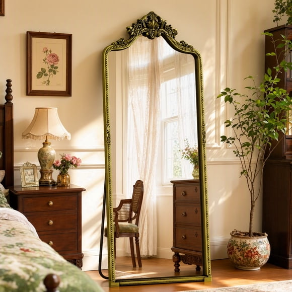 BEAUTYPEAK 69"x28" Large Vintage Full Length Mirror Decorative Floor Mirror with Luxurious Carving Top, Antique Bronze
