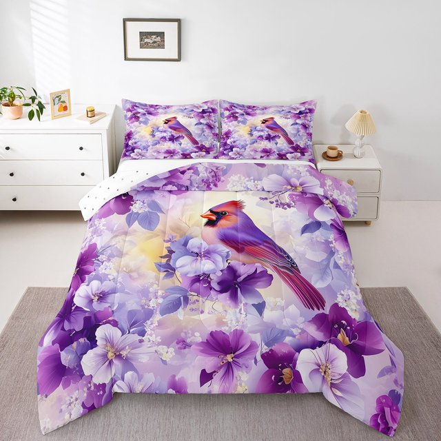 Erosebridal Wild Bird Bedding Twin Comforter Set,Purple Flower Down Comforter,Flowers Room Decorative,2pcs