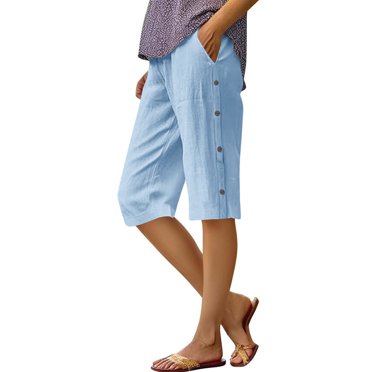 Lenpel Bermudas pour Femmes Été Décontracté Taille Haute Élastique Boutons Latéraux Shorts en Coton et Lin Shorts Longueur Genou
