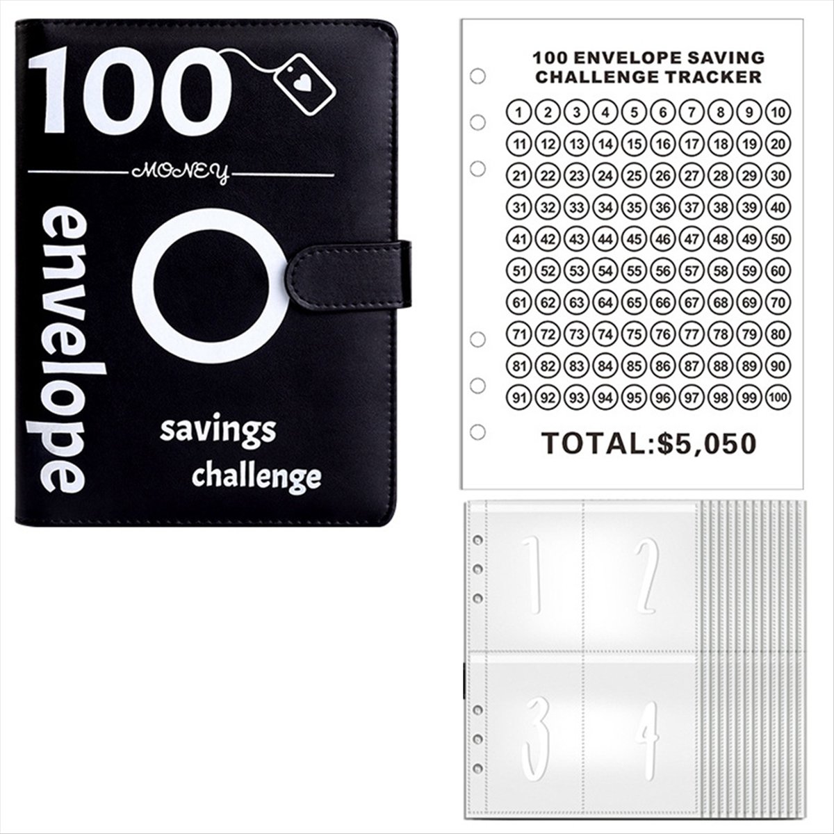 100 Envelopes Money Saving Challenge, 100 Envelope Challenge Binder, Money Saving Binder, Budget Book (Black),1 * Challenge Money Saving Binder Kit,Black