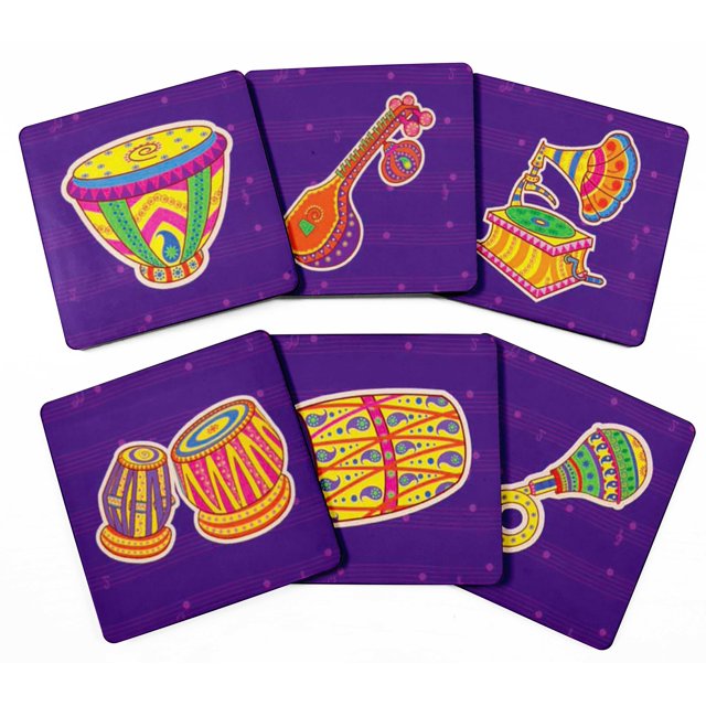 Inkdotpot Set of 6 Drink Coasters DecorativeNon,SlipCork Base4-inch Square PrintedCoastersEasy Clean- Musical Instruments