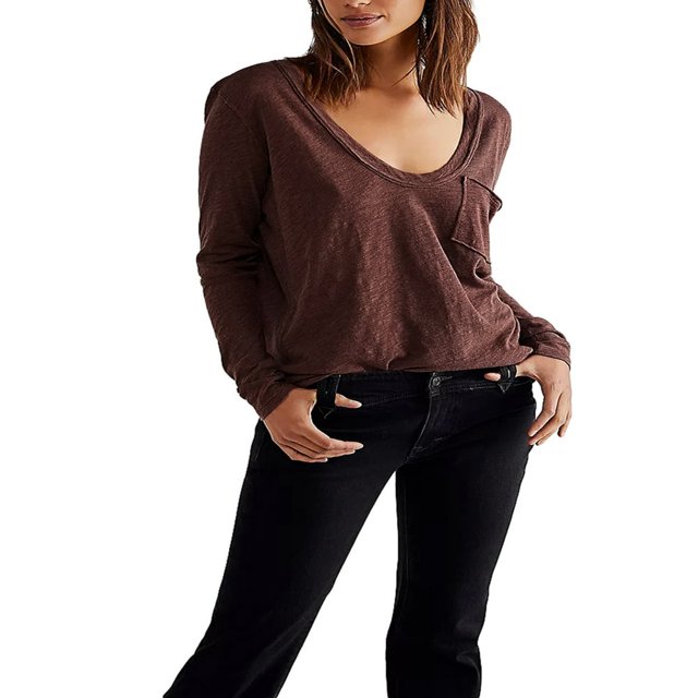 Women‘s Causal T-Shirt V Neck Long Sleeve Loose Fit Tops Solid Color Blouse Basic Tees