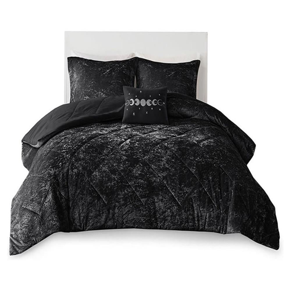 Pemberly Row Contemporary Polyester Crushed Comforter Set in Black
