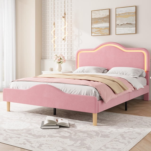 GloryStar LED Princess Bed Frame, Velvet Upholstered Kids/Girls Platform Bed with Adjustable Lighted Headboard & Footboard, Wooden Slats, No Box Spring Required