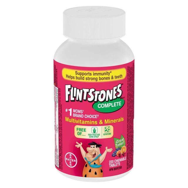 Flintstones Complete Multivitamins, 220 chewable tablets in a white bottle with a pink label featuring Fred Flintstone. The label highlights benefits such as supporting immunity, building strong bones and teeth, and being free of high fructose corn syrup and aspartame. Includes great-tasting fruit flavors and is suitable for children's health supplements, especially for kids aged 3 and older.