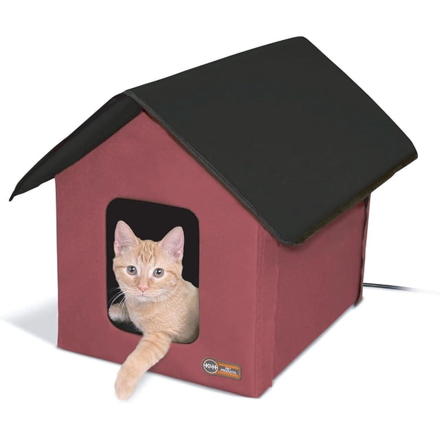 K&H Maison Rouge pour Chat d'Extérieur Chauffée pour Chats, Fabriquée en nylon Résistant à l'Eau de 600 Deniers avec Toit en Vinyle Noir. Elle Comprend Deux Ouvertures de Porte, l'Une Montrant la Patte d'Un Chat, et Comprend un Lit pour Chat Chauffant d'Extérieur Doux de 20 Watts à l'Intérieur. la Maison a des Rabats de Porte Amovibles et un Assemblage à Velcro Facile, Idéale pour une Utilisation Intérieure Ou Extérieure.