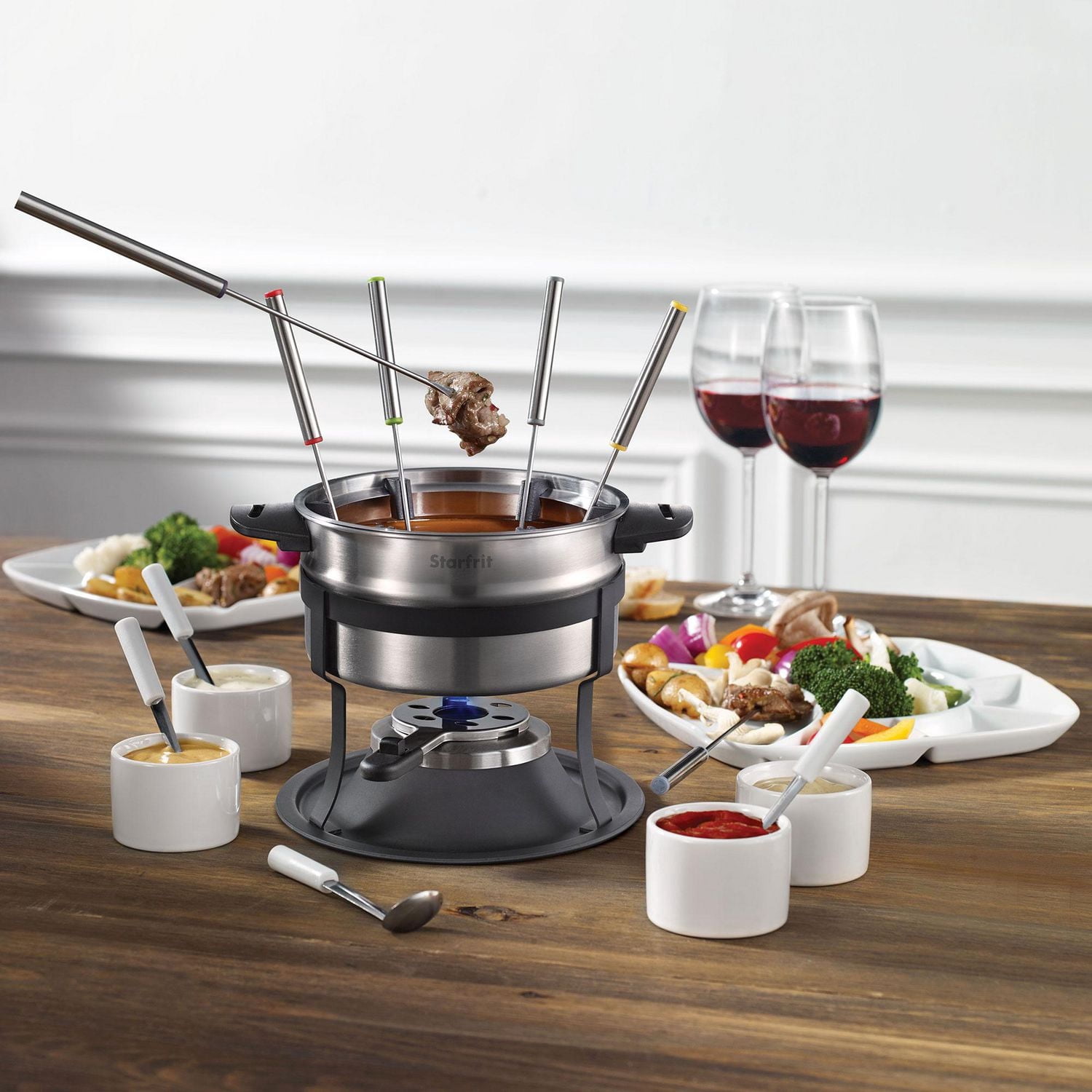 Starfrit Ensemble Fondue 3-en-1, 19 Pièces, Casserole Inox 1,6L, Guide de Fourchettes Magnétique, Brûleur Sécurisé, Parfait Pour Fondue Viande, Fromage et Chocolat