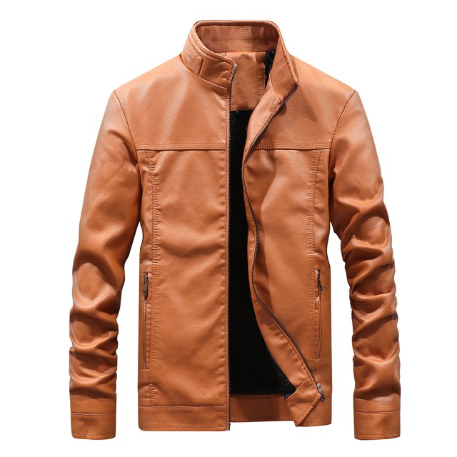 Mens Autumn Fashion Pure Color Stand Collar Imitation Leather Jacket Coat
