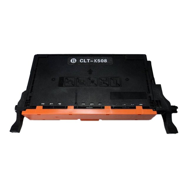 L-ink Compatible Samsung CLT-K508L Black Toner Cartridge High Yield shown front-facing with a rectangular black plastic body and orange protective strip, labeled CLT-K508, designed for laser printers with a 5000-page yield and ISO-certified quality, compatible with models like CLP620ND and CLX6250FX.