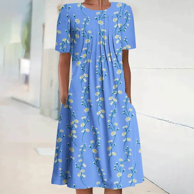 Pisexur Robe à Manches Courtes à Col Rond pour Femme Été Décontractée Col Rond Manches Courtes Plissée Imprimée Robes Femme Robe