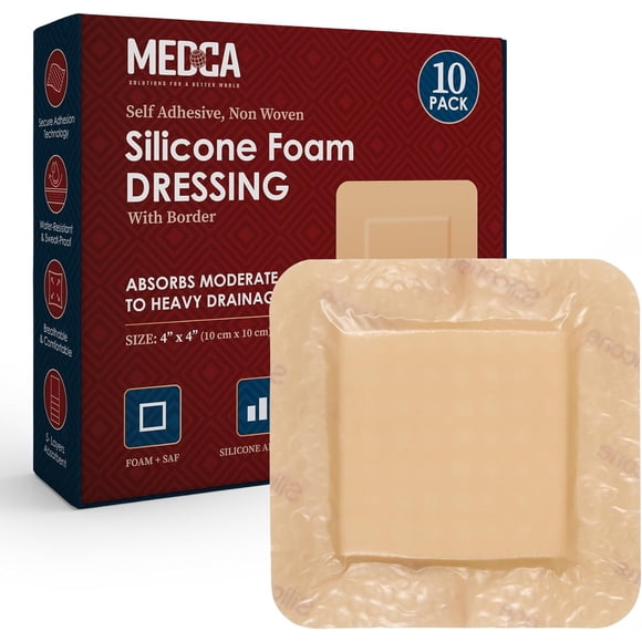MEDca Silicone Foam Dressing w/ Adhesive Border 4"x4" (Pack of 10) Waterproof Silicone Bandages for Wounds, Highly-Absorbent Wound Dressing Bandage Care for Bed Sore Bandages, Pressure Sores, Ulcers