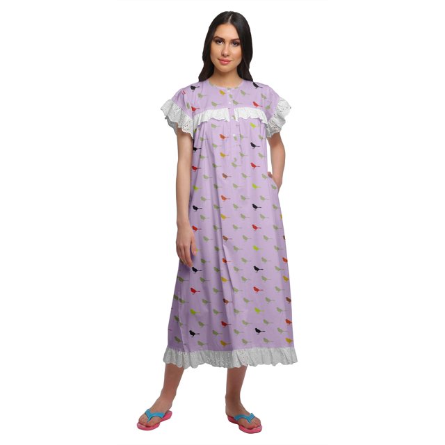 Moomaya Chemise de Nuit Imprimée pour Femmes Mi-Mollet en Coton à Manches Courtes