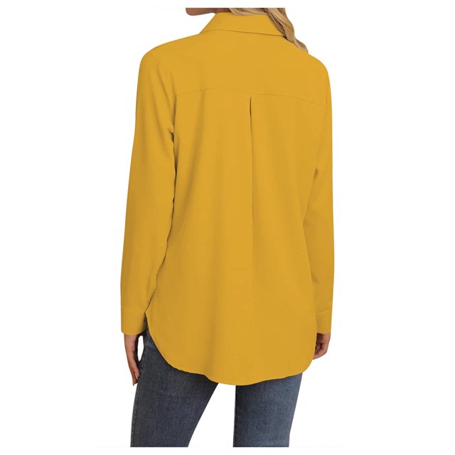 HBFAGFB Long Sleeve Button up Shirts for Women Fashion Simple Spring Summer Work Clothes Yellow Size M