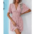 thumbnail image 4 of Lolmot Robes pour Femmes, Robe d'Été pour Femmes à Col en V, Manches Courtes, Imprimée, Taille Haute, Plissée à Motif Floral, 4 of 5