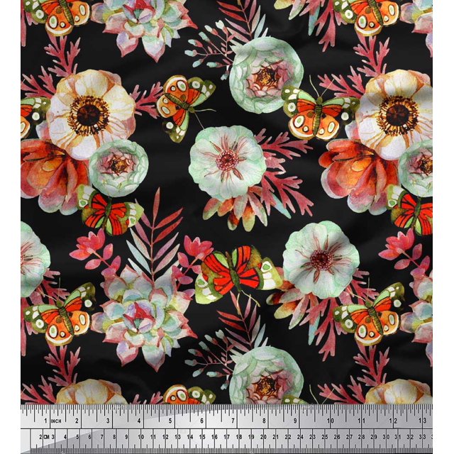 Soimoi Orange Rayon Fabric Leaves,Insect & Anemone Flower Printed Fabric 1 Yard 56 Inch Wide