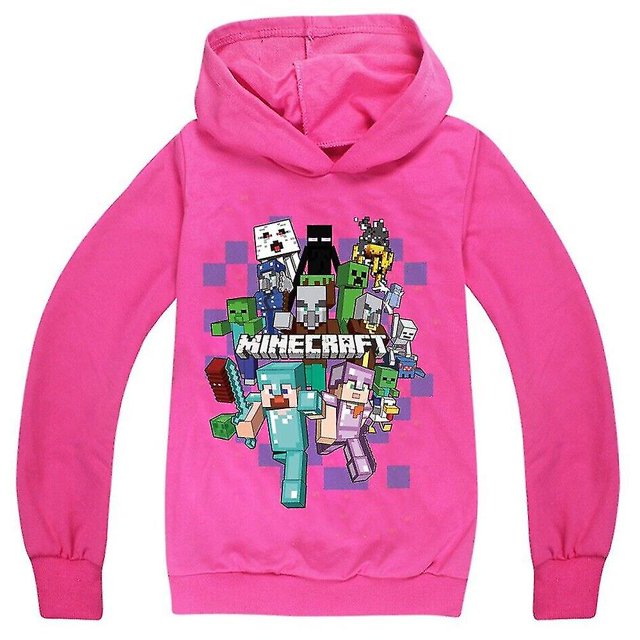 Chandail à Capuchon Imprimé Minecraft pour Garçons et Filles, Couleur Rose Vif, avec un design Décontracté à Manches Longues et un style à Enfiler à Capuche. l'Avant Présente un Graphique Coloré à Thème Minecraft avec des Personnages et des Éléments du Jeu. Convient aux Enfants de 5 à 12 Ans, Fabriqué en Mélange de Coton.
