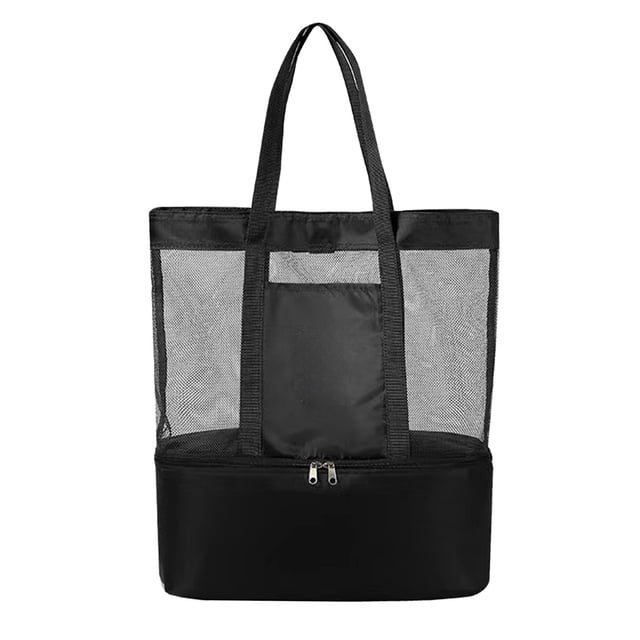 VOAVEKE Beach Bag in black, featuring a mesh upper section with dual handles and a zippered bottom compartment for dry and wet separation. This large-capacity bag is suitable for carrying toiletries, clothes, and other essentials, ideal for beach trips, travel, or daily use.