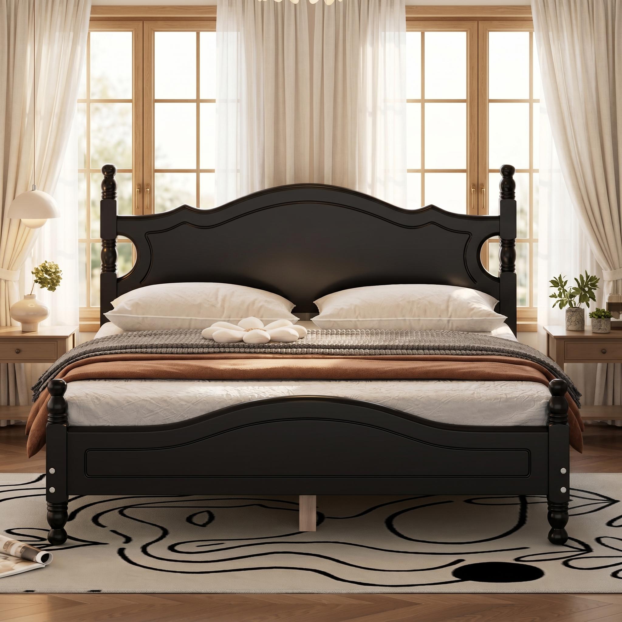 Homy Casa lit double 56,2 po avec lattes en bois, tête et pied de lit arqués pour chambre, chambre d’amis, appartement, noir